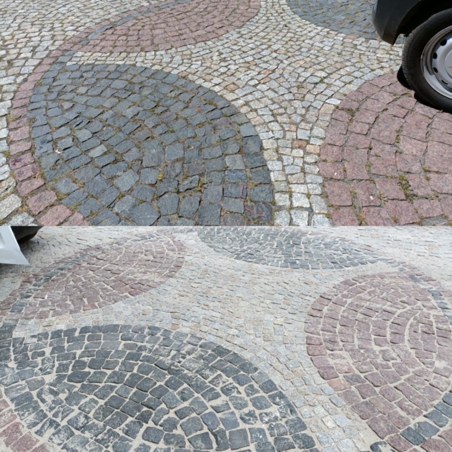 Kolorowa kostka brukowa ułożona w okrągłe wzory w Jeleniej Górze. Częściowo widoczny samochód. Nietypowy wzór kostki.