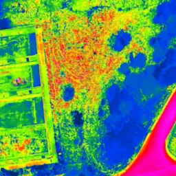 Termowizja fundamentów budynku w trakcie budowy, widok z góry. Analiza temperatury gruntu i konstrukcji. Wyraźne różnice temperatur w różnych obszarach.