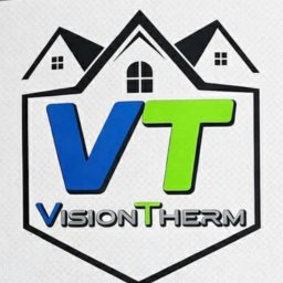 VisionTherm - Logo firmy VisionTherm z motywem domu i literami VT w kolorach niebieskim i zielonym, umieszczone na białym tle. Grafika prezentuje profil działalności związanej z termowizją.