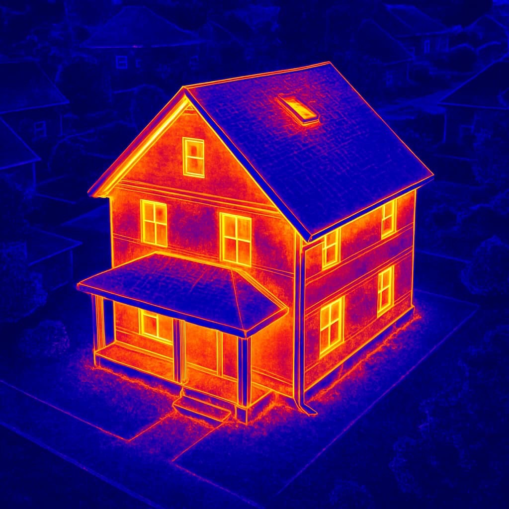 Termowizja domu jednorodzinnego z werandą, ukazująca rozkład temperatur. Ciepłe barwy wskazują na miejsca utraty ciepła przez okna i ściany budynku.