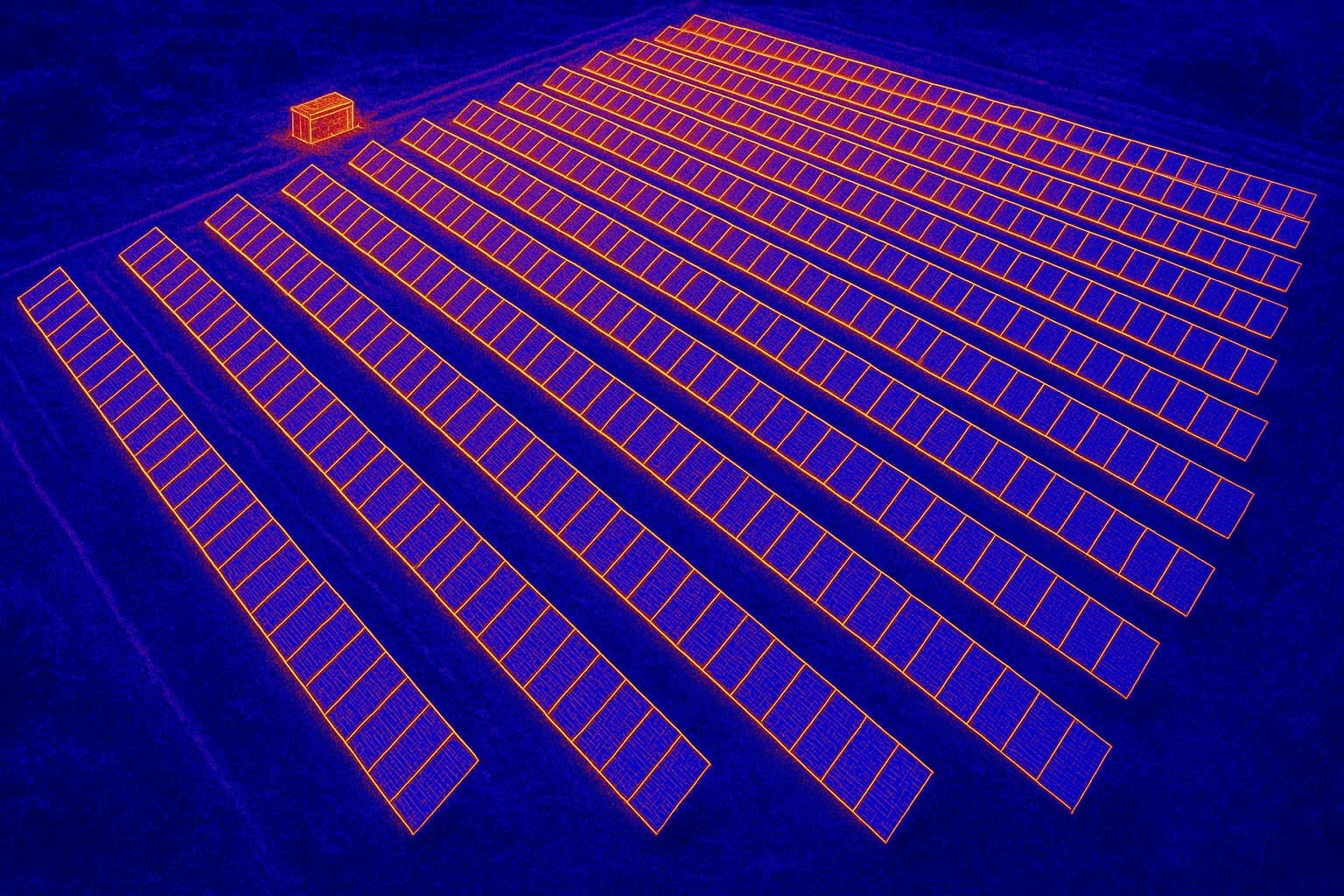 Termowizja farmy paneli słonecznych z perspektywy lotniczej, ukazująca ciepło generowane przez poszczególne panele i budynek na skraju pola.