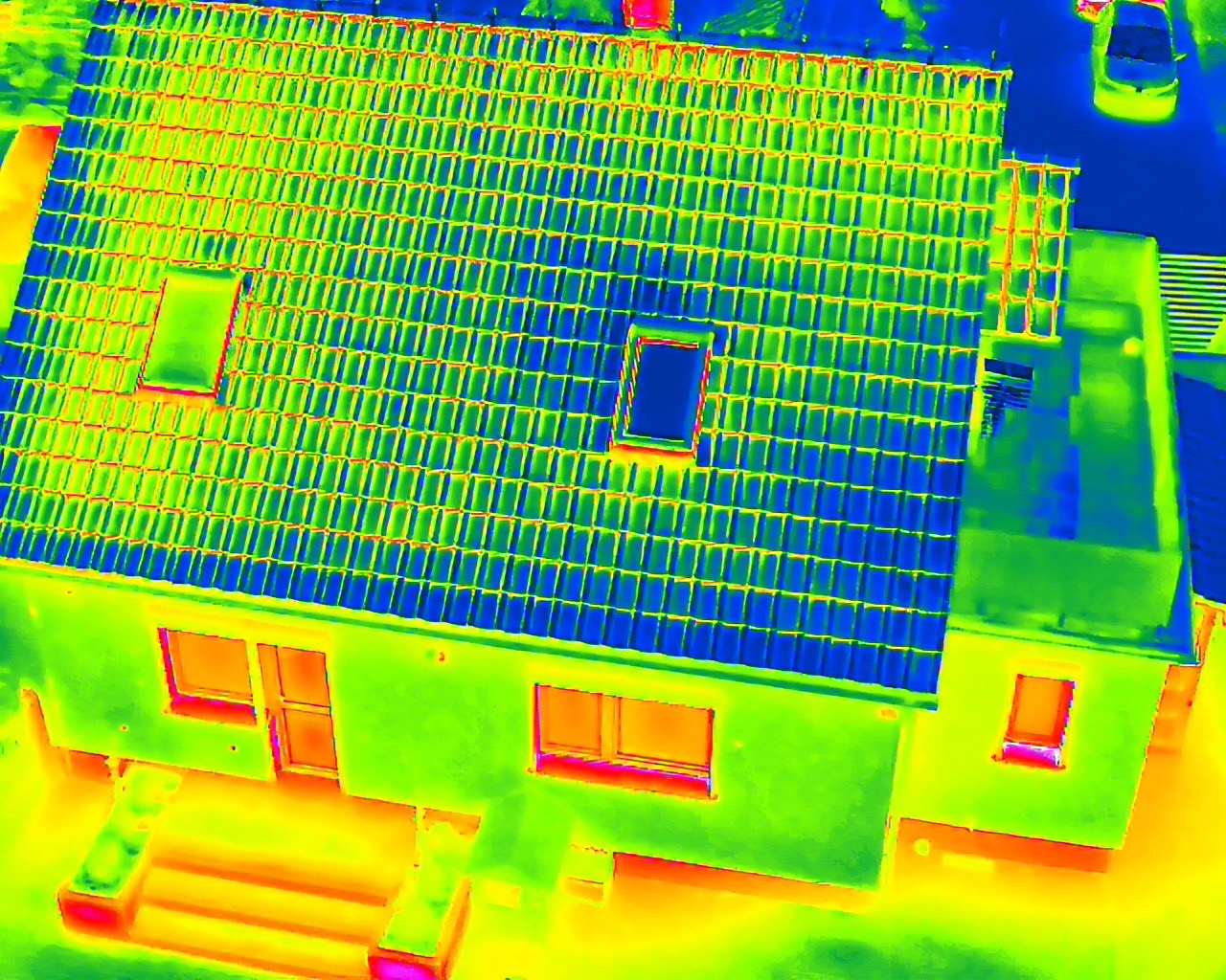 Termowizja domu jednorodzinnego z dachem pokrytym dachówką, okna dachowe, komin. Widoczne różnice temperatur na elewacji i dachu.