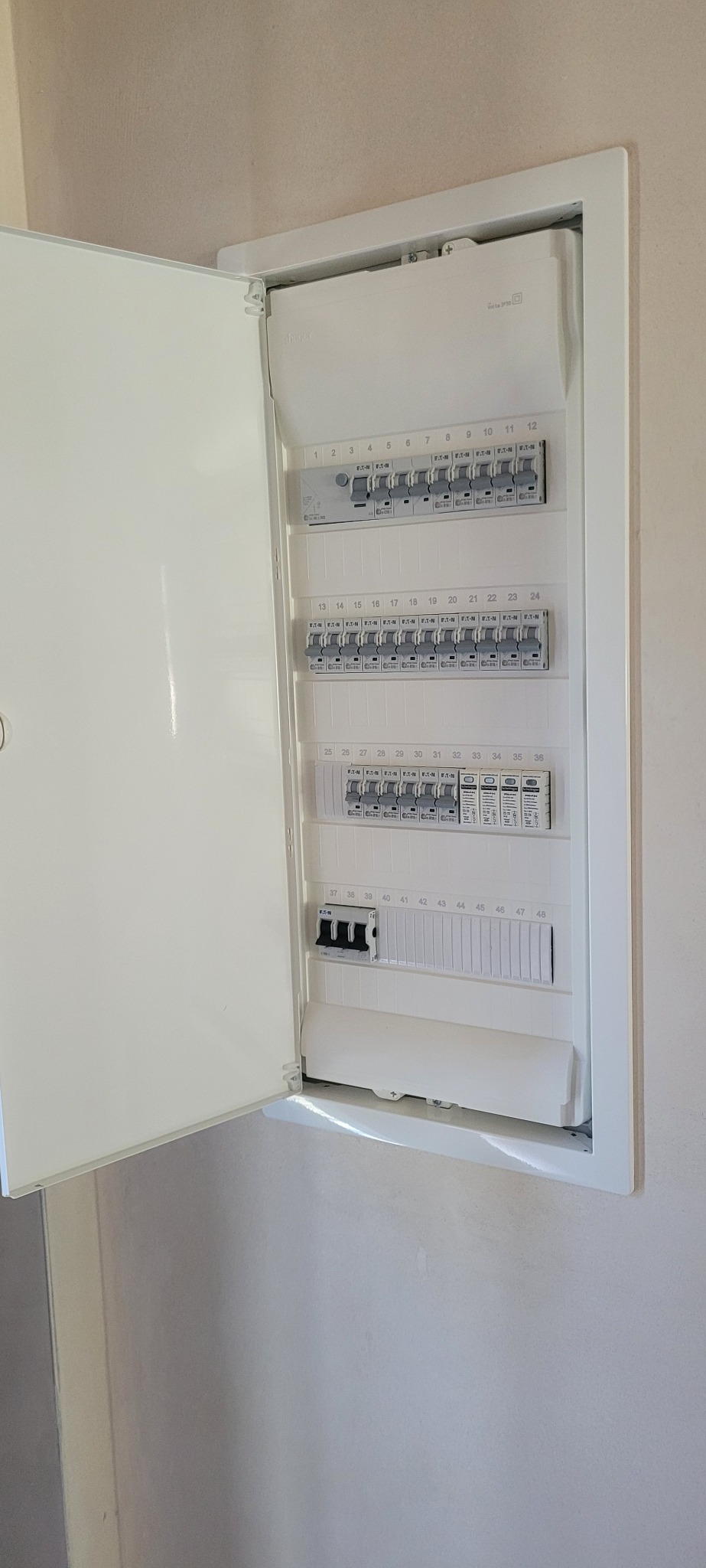 Otwarta, biała skrzynka rozdzielcza z bezpiecznikami i numeracją od 1 do 48, zamontowana na ścianie. Widoczne trzy rzędy bezpieczników.