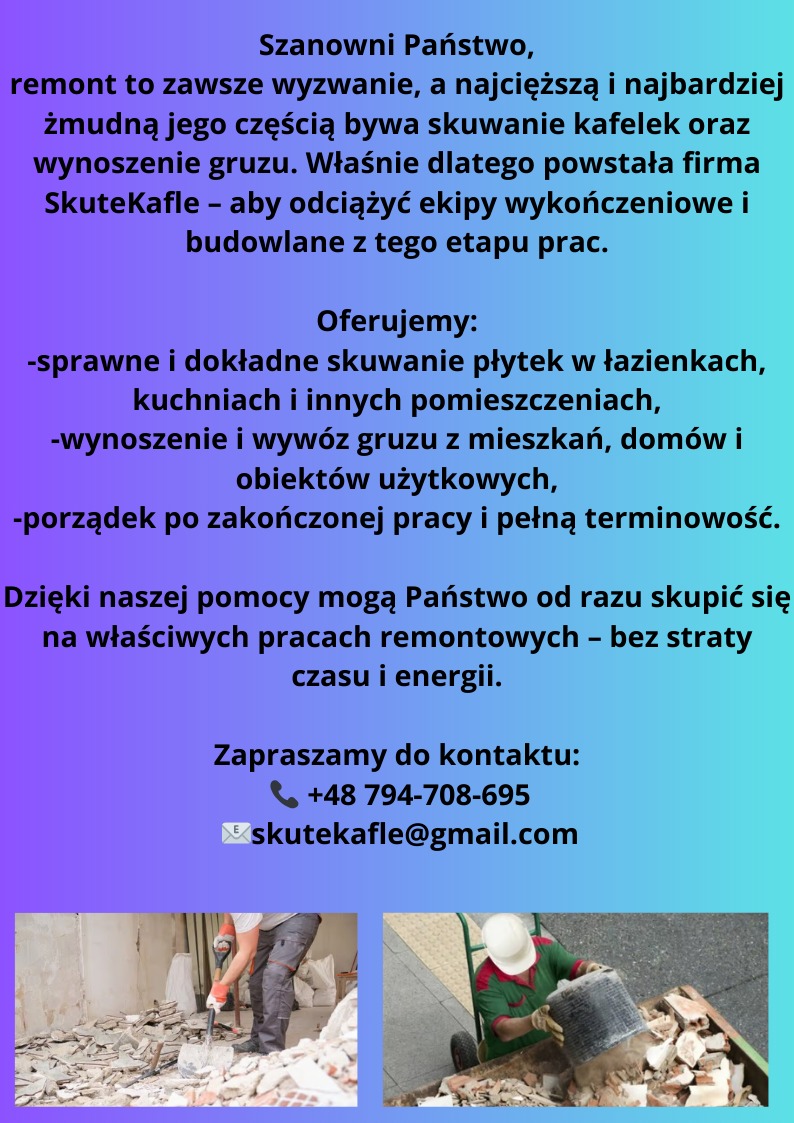 Oferta firmy: skuwanie płytek, wywóz gruzu. Zdjęcie przedstawia gruz po skuciu płytek i pracownika z pełnym wiadrem gruzu na wózku.