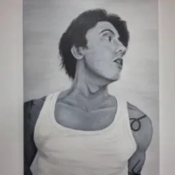 Czarno-biały portret mężczyzny z tatuażami, namalowany na płótnie. Widoczny z profilu, ubrany w biały podkoszulek, z widocznymi detalami tatuaży na ramionach.