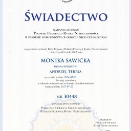 Certyfikat potwierdzający, że jestem licencjonowanym pośrednikiem nieruchomości w firmie Trust Nieruchomości Monika Sawicka, uprawnionym do świadczenia profesjonalnych usług pośrednictwa w obrocie nieruchomościami w Gdańsku, Gdyni i Sopocie.