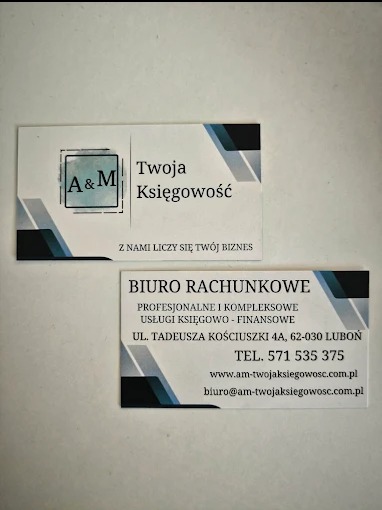 Dwie wizytówki biura rachunkowego z logo 'A&M Twoja Księgowość', zawierające adres, telefon i adres e-mail. Profesjonalny design z elementami graficznymi.
