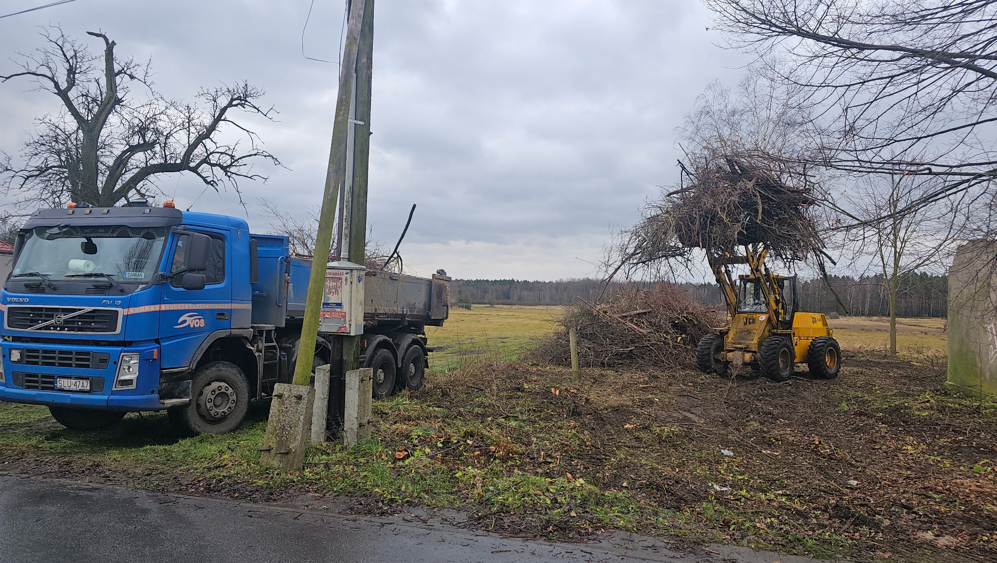 Niebieska ciężarówka Volvo i żółta ładowarka JCB na terenie po wycince drzew, w tle pole i las. Prace porządkowe po rozbiórce, pochmurny dzień.