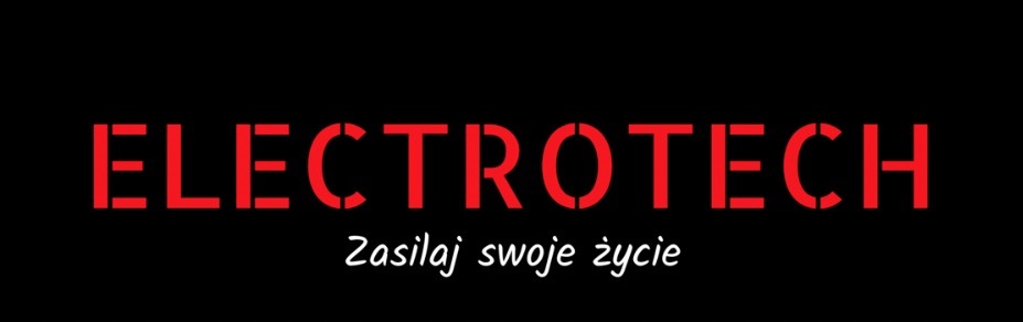 Czerwony napis ELECTOTECH z hasłem 'Zasilaj swoje życie' na czarnym tle. Logo firmy elektrycznej w nowoczesnym stylu.