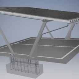 Wizualizacja 3D metalowej konstrukcji z panelami na górze, wspartej na betonowym fundamencie z widocznym zbrojeniem. Szara kolorystyka i minimalistyczny design.