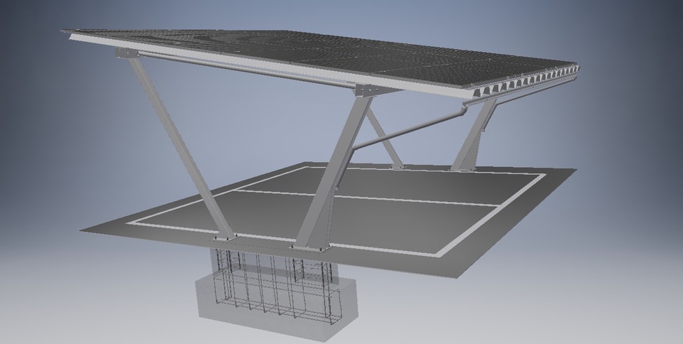 Wizualizacja 3D metalowej konstrukcji z panelami na górze, wspartej na betonowym fundamencie z widocznym zbrojeniem. Szara kolorystyka i minimalistyczny design.