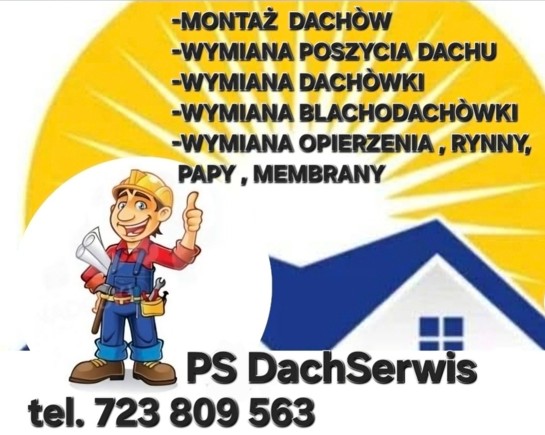 Ilustracja z uśmiechniętym dekarzem w kasku, prezentująca ofertę firmy PS DachSerwis. Wymiana poszycia i montaż dachów, rynien, papy i membran.