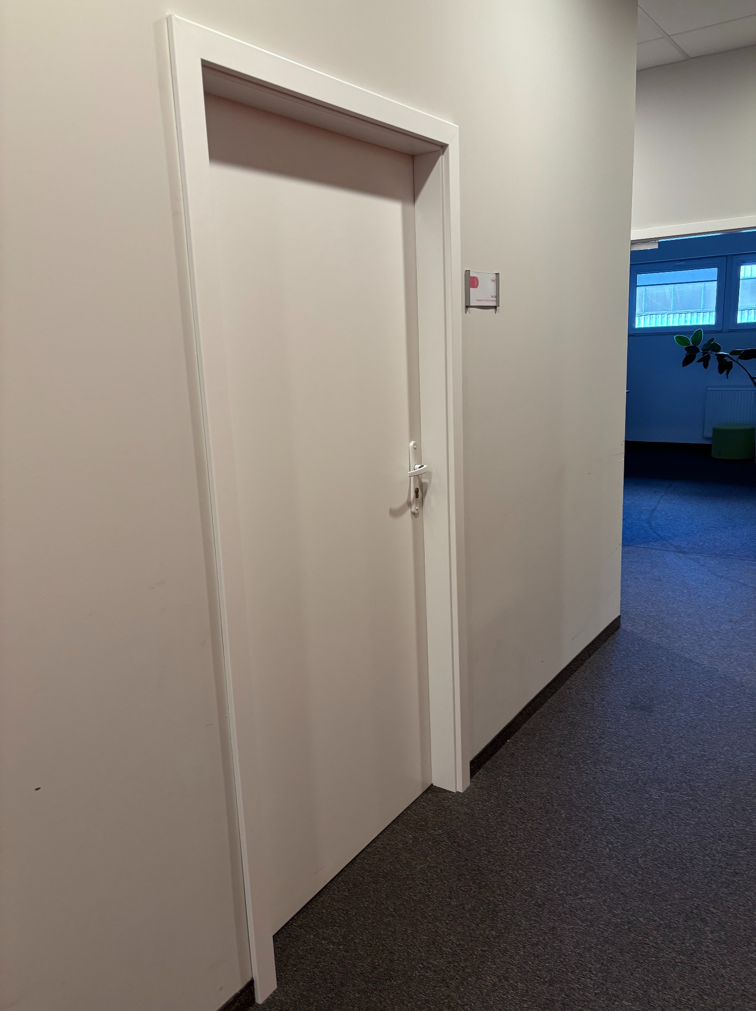 Białe drzwi z klamką w biurowym korytarzu, widoczny fragment ściany z tabliczką informacyjną i fragment pomieszczenia z oknem i rośliną w tle.