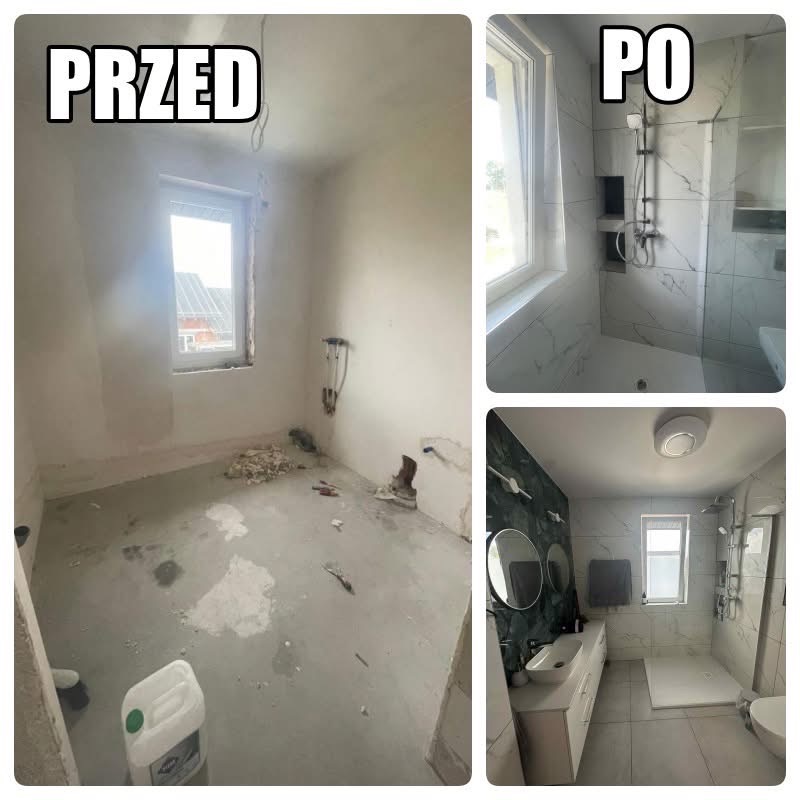 Remont łazienki: kolaż 'przed' - surowe wnętrze z oknem, i 'po' - nowoczesna łazienka z kabiną prysznicową, umywalką i lustrami. Marmurowe płytki.