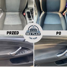 OgarnieMyto - Czyszczenie tapicerki samochodowej: fotel i drzwi przed i po praniu. Widoczne różnice w czystości, logo firmy 'Bez Plam' i napis 'Tanie Pranie'.
