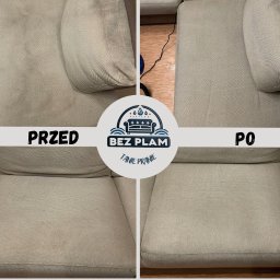 OgarnieMyto - Beżowa kanapa 'przed' z widocznymi plamami i 'po' praniu, ukazująca skuteczność usługi. Widoczne różnice w czystości tapicerki.