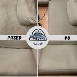 Beżowa kanapa 'przed' z widocznymi plamami i 'po' praniu, ukazująca skuteczność usługi. Widoczne różnice w czystości tapicerki.