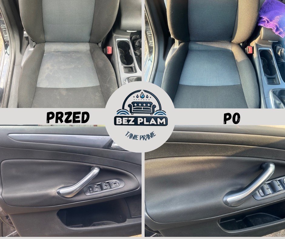 Czyszczenie tapicerki samochodowej: fotel i drzwi przed i po praniu. Widoczne różnice w czystości, logo firmy 'Bez Plam' i napis 'Tanie Pranie'.