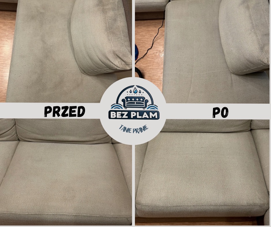 Beżowa kanapa 'przed' z widocznymi plamami i 'po' praniu, ukazująca skuteczność usługi. Widoczne różnice w czystości tapicerki.