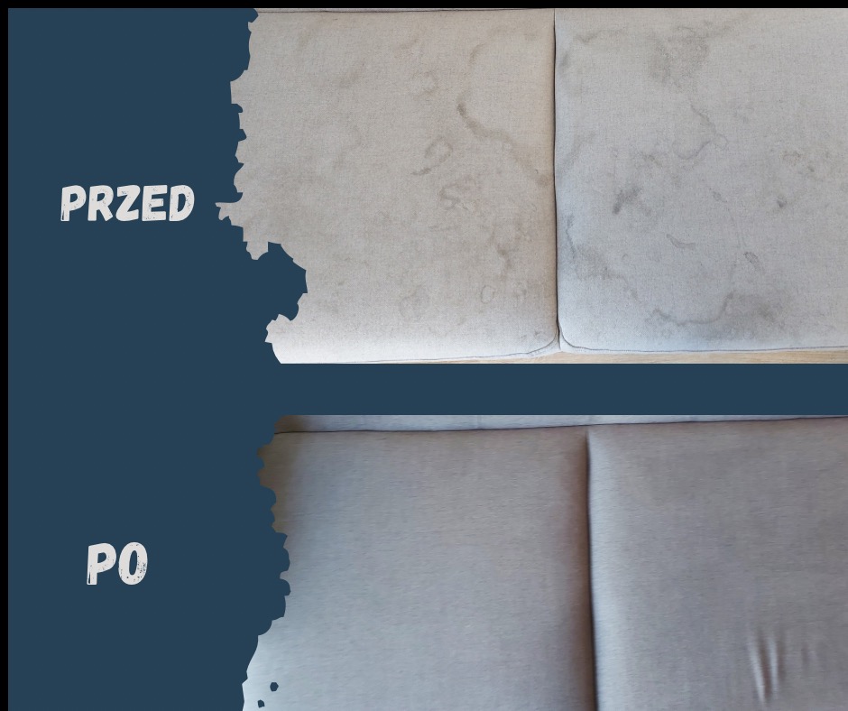 Sofa dwuczęściowa: górna część z plamami (PRZED), dolna - po praniu, czysta (PO). Widok z góry, neutralne oświetlenie.