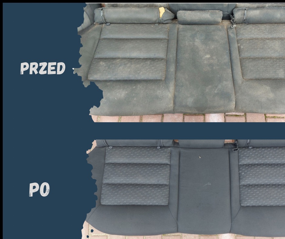 Tapicerka samochodowa: widok 'przed' z wyraźnymi plamami i 'po' czyszczeniu, ukazujący odświeżony, jednolity kolor i usunięte zabrudzenia. Efekt prania.
