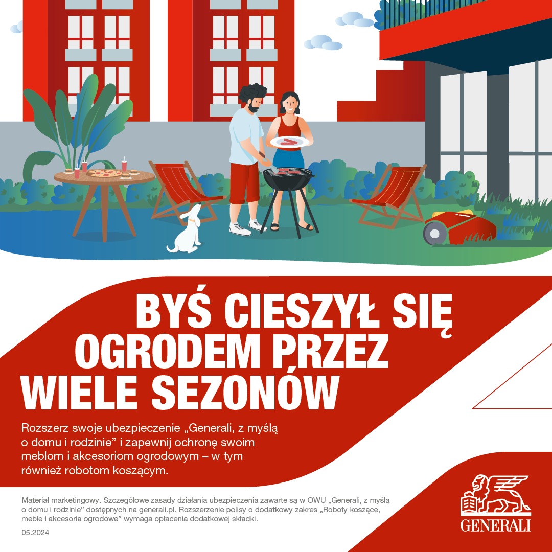 Ilustracja: Para grilluje w ogrodzie przy domu. Reklama ubezpieczenia domu i ogrodu Generali. Widoczny robot koszący i pies. Hasło: Byś cieszył się ogrodem przez wiele sezonów.