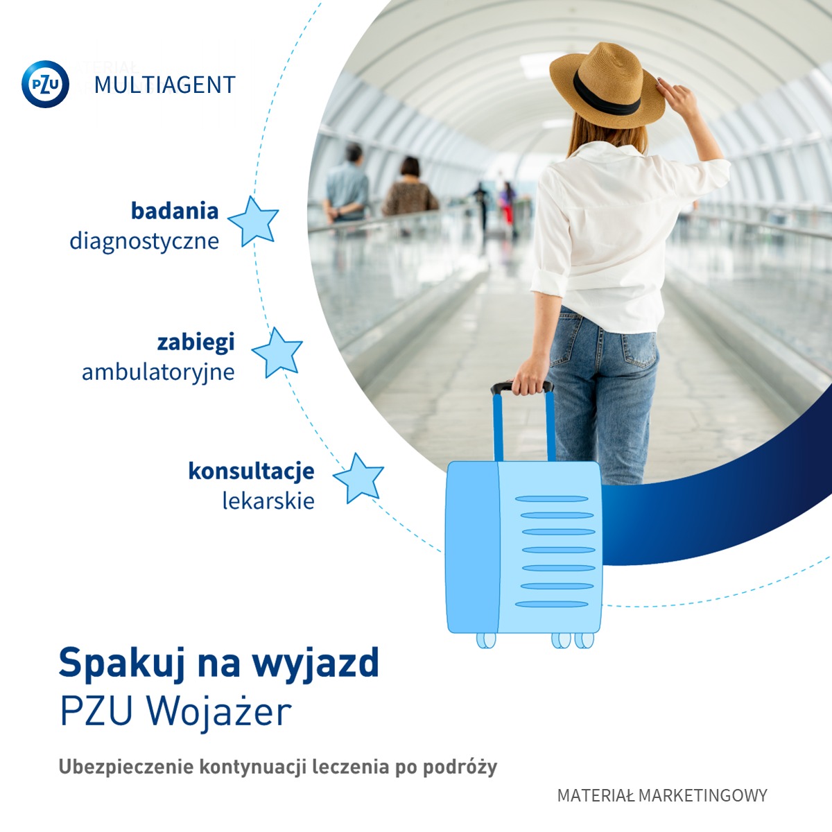 Reklama PZU Wojażer: kobieta z walizką na lotnisku, oferta badań, zabiegów ambulatoryjnych i konsultacji lekarskich. Ubezpieczenie kontynuacji leczenia po podróży.