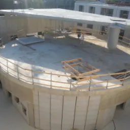 Wysoka perspektywa na okrągły budynek w trakcie budowy z żelbetu. Widoczne szalunki, zbrojenia i częściowo wylane elementy. Jasne oświetlenie.