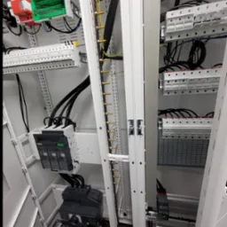 Wnętrze szafy elektrycznej z zamontowanymi zabezpieczeniami, przewodami i listwami. Widok od dołu, ukazujący szczegóły instalacji i połączeń elektrycznych.