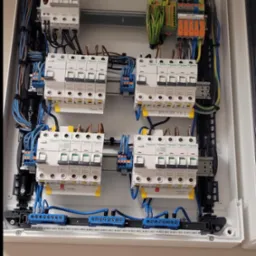 Wewnętrzny widok rozdzielnicy elektrycznej z zainstalowanymi bezpiecznikami Schneider, przewodami o różnych kolorach i złączkami. Widoczne elementy montażowe i okablowanie.