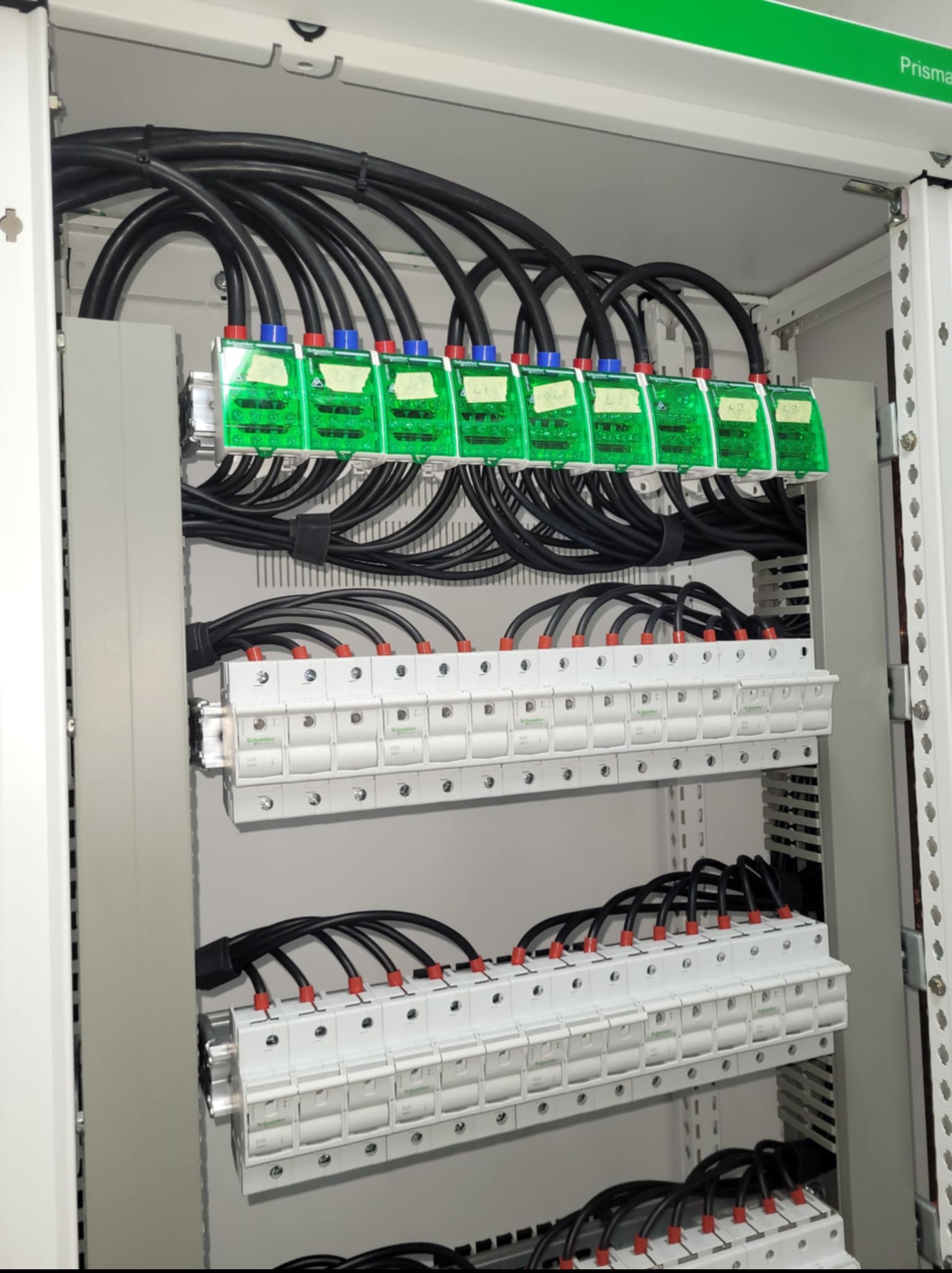 Szafa elektryczna Prisma z zainstalowanymi bezpiecznikami, przewodami i zielonymi modułami z opisami, prezentująca profesjonalne wykonanie instalacji.