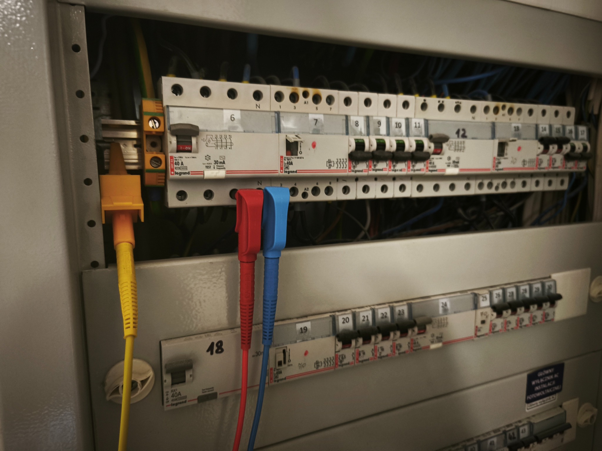 Rozdzielnica elektryczna z podłączonymi przewodami pomiarowymi w kolorach żółtym, czerwonym i niebieskim. Widoczne bezpieczniki i wyłączniki różnicowoprądowe.