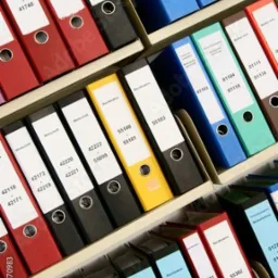 Półki z segregatorami w różnych kolorach, etykiety z numerami, ułożone pod kątem, sugerujące uporządkowaną archiwizację dokumentów w biurze rachunkowym.