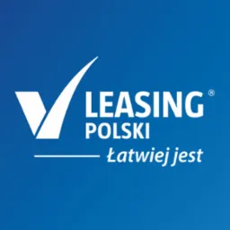 Logo firmy leasingowej: biały symbol odhaczenia, napis 'LEASING POLSKI' i hasło 'łatwiej jest' na niebieskim tle.