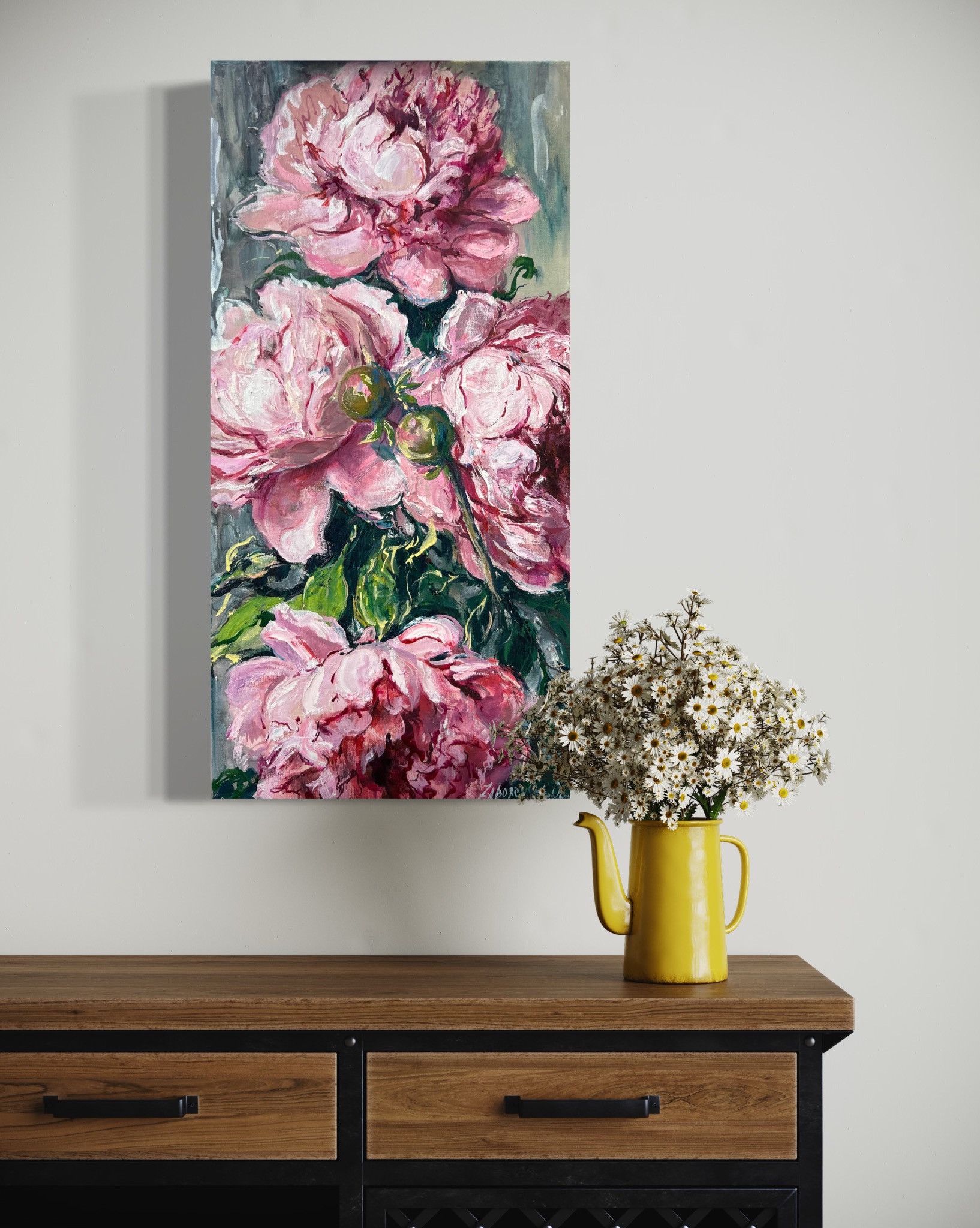 Piwonii Rozmiar 60x30 cm Technika: olej, płótno.