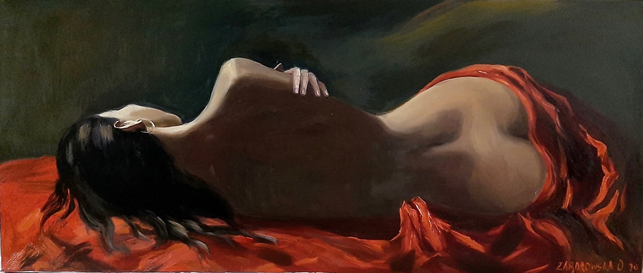 Akt kobiecy na podstawie zdjęcia Rozmiar 50x120 cm Technika: olej, płótno.