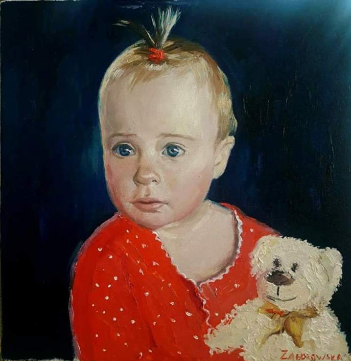 Portret dziecka na podstawie zdjęcia Rozmiar 35x35 cm Technika: olej, płótno.