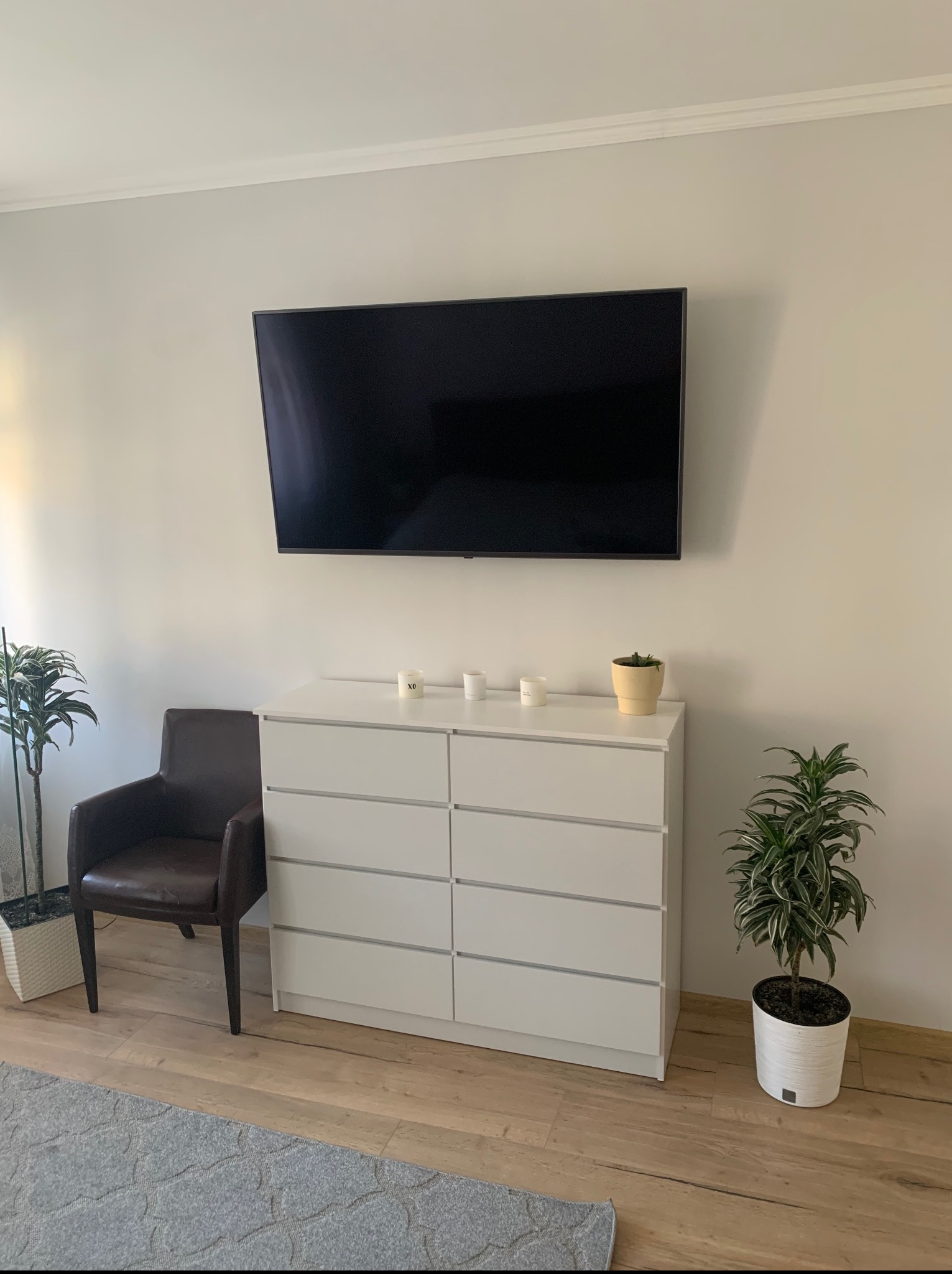 Minimalistyczne wnętrze: biała komoda z szufladami pod telewizorem, brązowy fotel, rośliny w doniczkach i szary dywan na drewnianej podłodze.