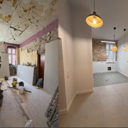 Mar Den - Zdjęcie typu 'przed i po' prezentujące remont wnętrza: zniszczone ściany i sufit przed, odnowione, jasne wnętrze z nową podłogą i oświetleniem po remoncie.