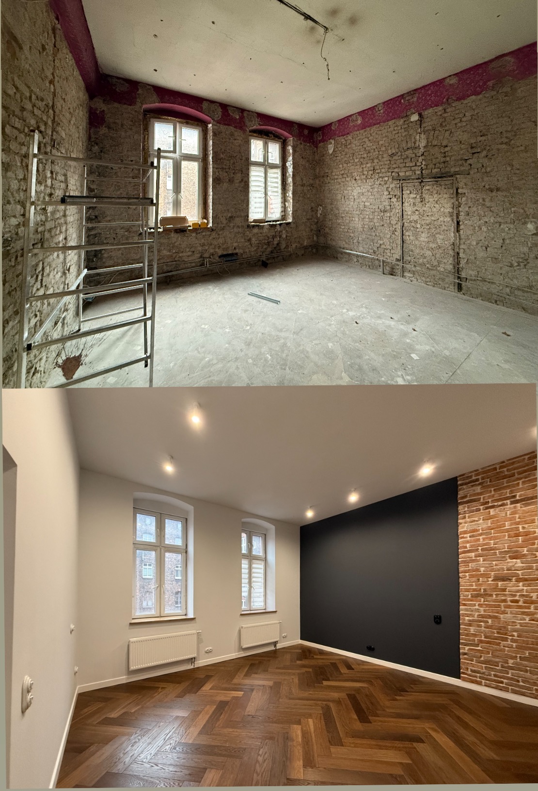 Porównanie stanu pokoju przed i po remoncie: od surowych ścian z cegły do wykończonego wnętrza z parkietem w jodełkę, gładkimi ścianami i nowoczesnym oświetleniem.