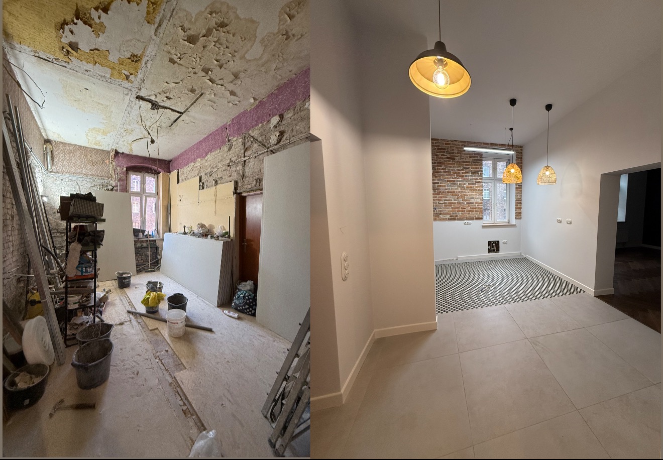 Zdjęcie typu 'przed i po' prezentujące remont wnętrza: zniszczone ściany i sufit przed, odnowione, jasne wnętrze z nową podłogą i oświetleniem po remoncie.