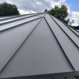 Siddach Spółka z o.o. - Szary, metalowy dach z wyraźnymi liniami łączeń blach, widziany pod kątem z dołu, na tle błękitnego nieba z chmurami i zieleni drzew.