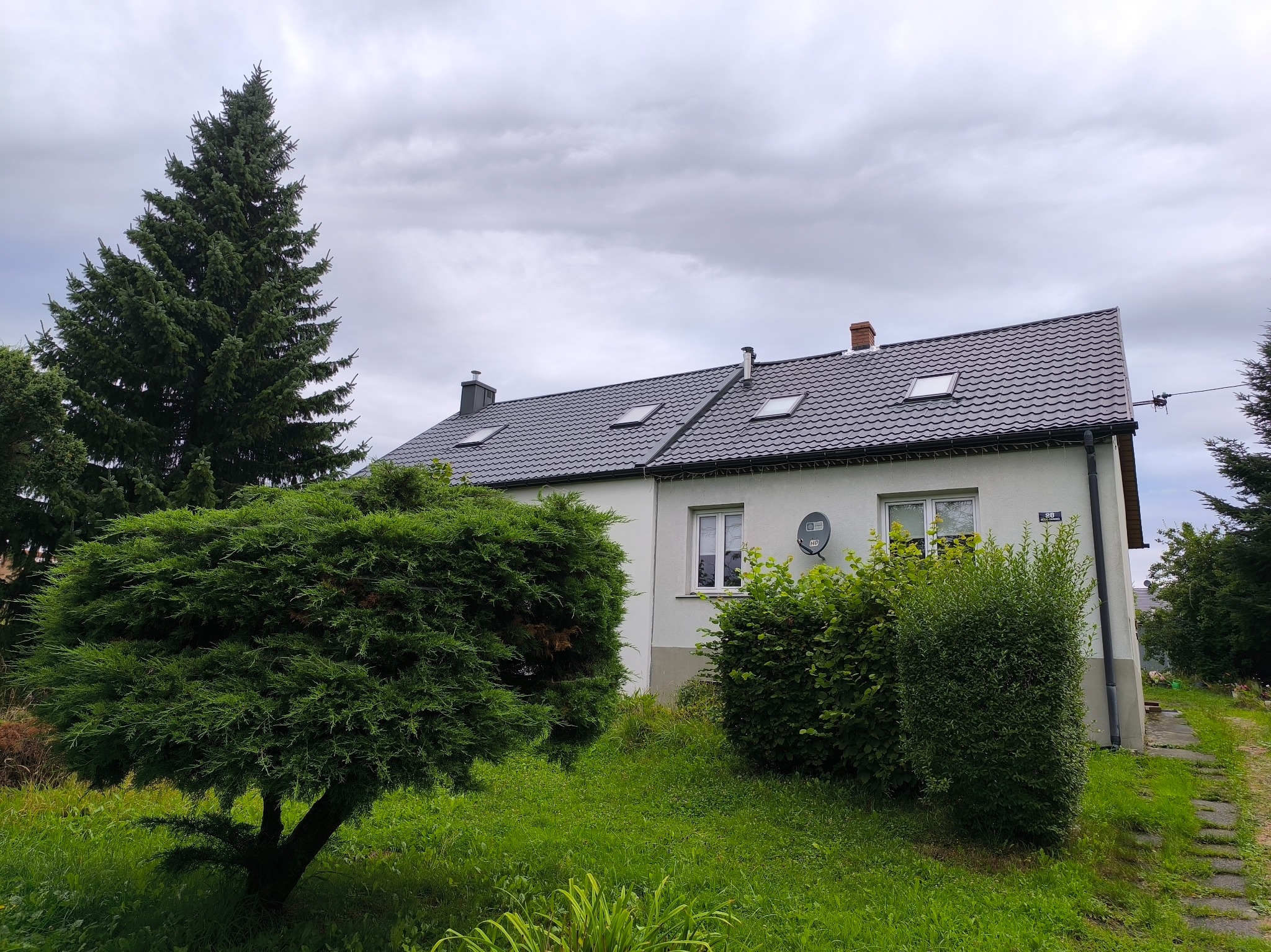 Dom jednorodzinny z nowym, ciemnoszarym dachem z dachówki ceramicznej i oknami dachowymi. Wokół budynku zieleń, drzewa iglaste i krzewy.