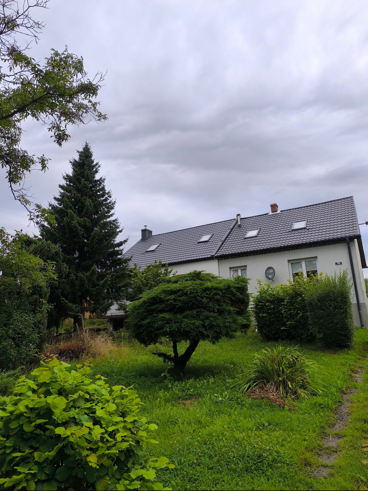 Dwukondygnacyjny dom z ciemnoszarą dachówką, oknami dachowymi i widocznymi rynnami, otoczony bujną zielenią i drzewami, na tle pochmurnego nieba.