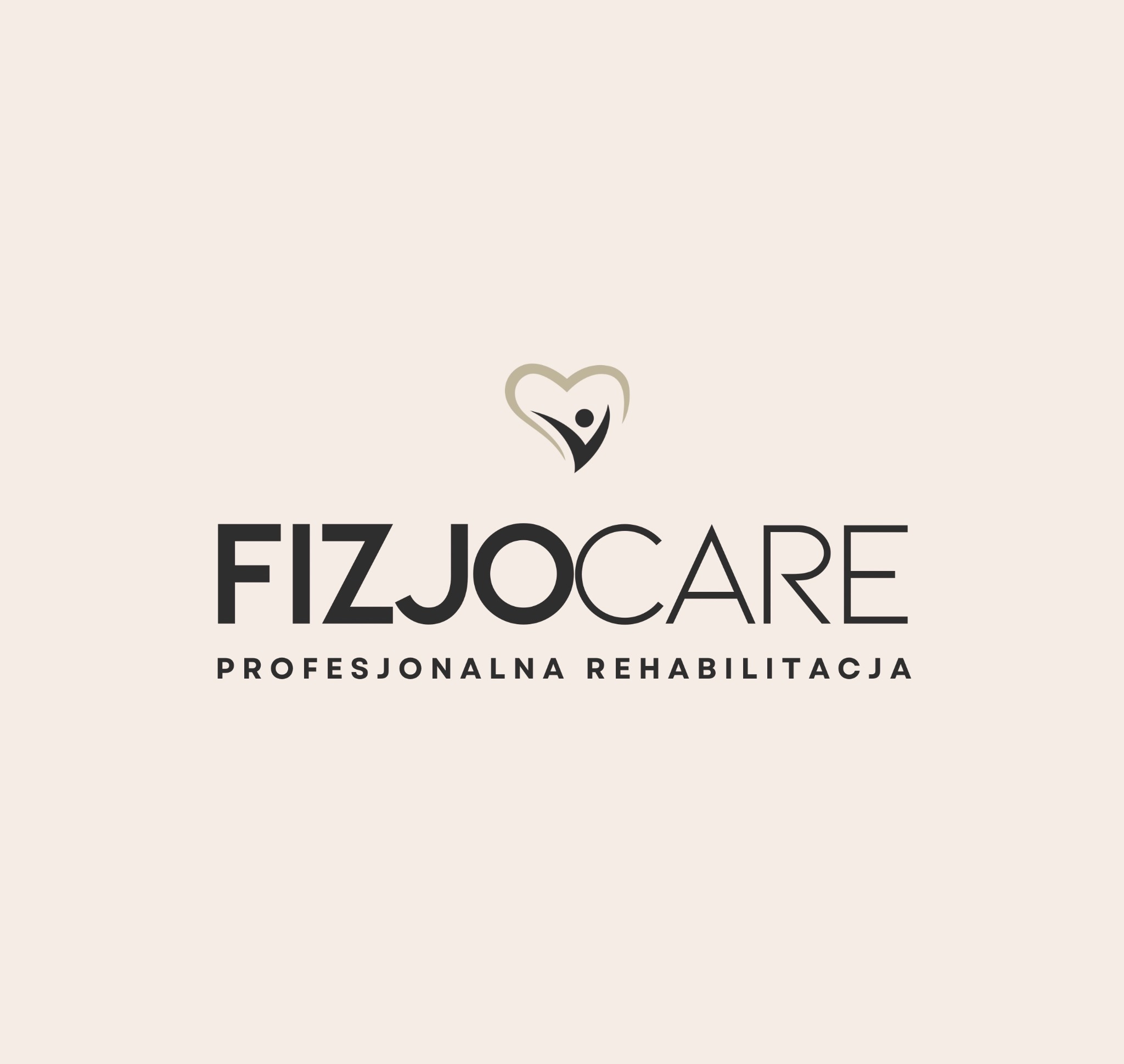 Eleganckie logo 'Fizjocare' z symbolem osoby w sercu i napisem 'Profesjonalna Rehabilitacja' na beżowym tle. Minimalistyczny design.