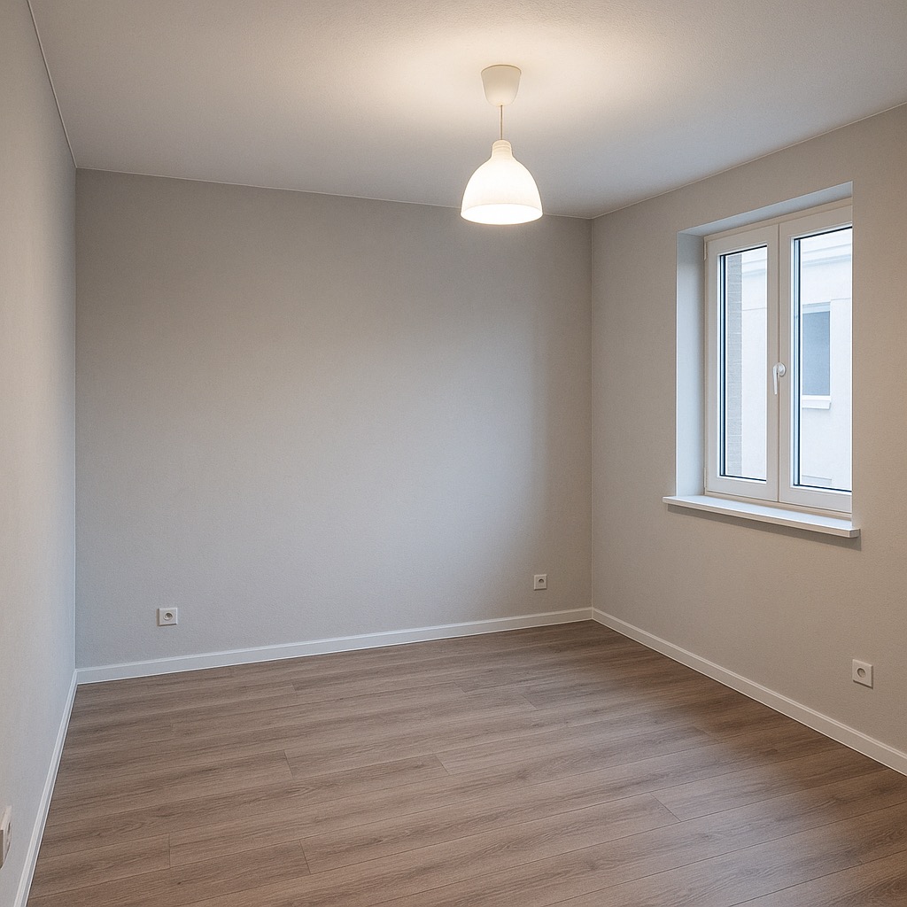 Jasne wnętrze pokoju z panelami podłogowymi i białymi listwami przypodłogowymi. Okno z widokiem na zewnątrz. Prosta lampa sufitowa.