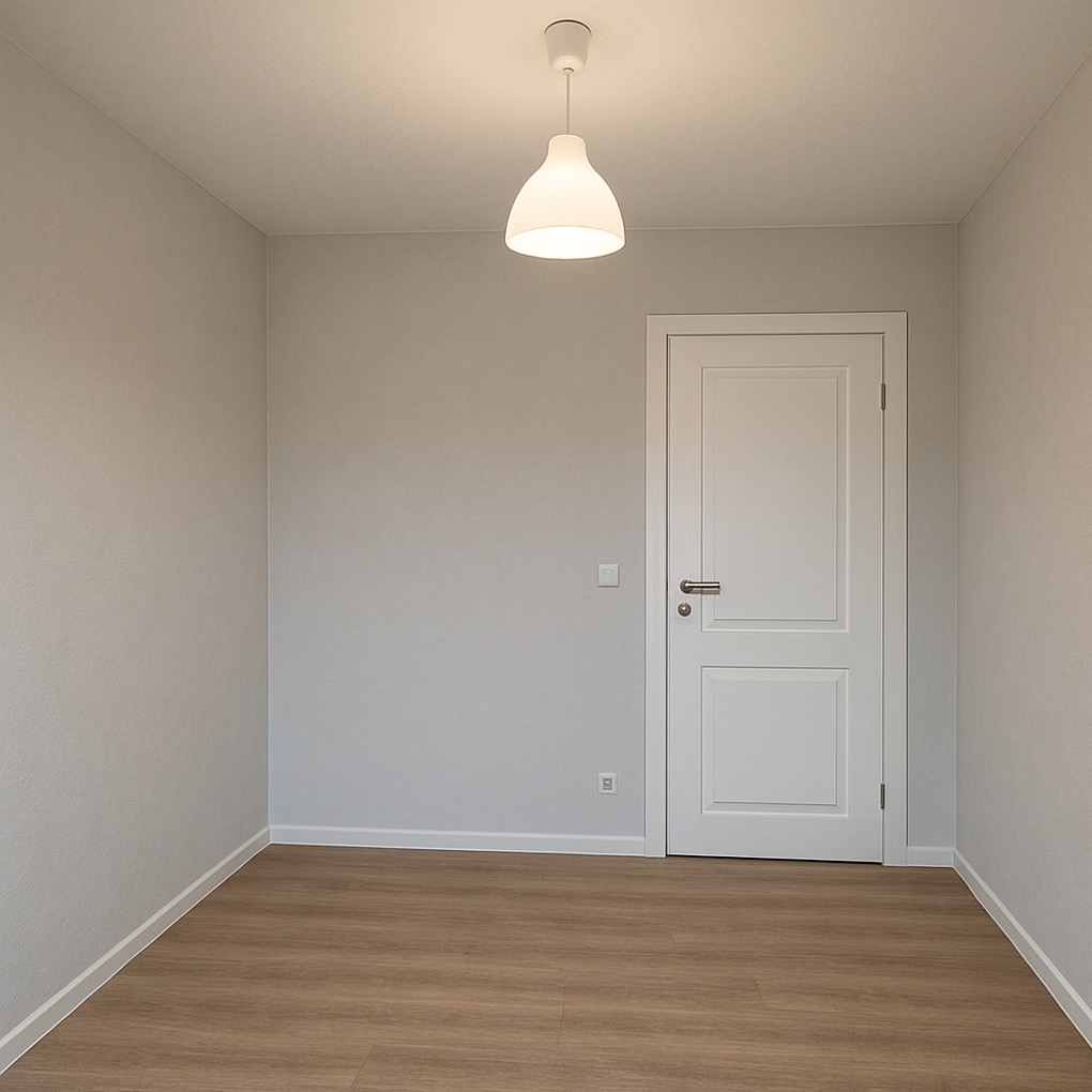 Jasne wnętrze pokoju po remoncie: drewnopodobne panele podłogowe, białe drzwi z srebrną klamką, szare ściany i nowoczesna lampa sufitowa. Minimalistyczny design.