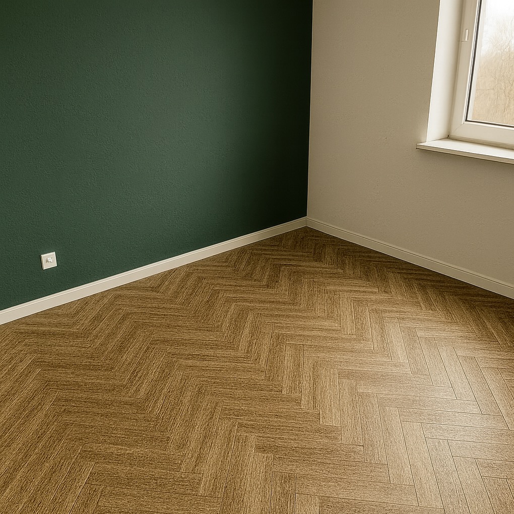 Nowa podłoga z paneli ułożonych w jodełkę, kontrastująca z ciemnozieloną ścianą i jasnym narożnikiem z oknem. Widoczna listwa przypodłogowa i gniazdko elektryczne.