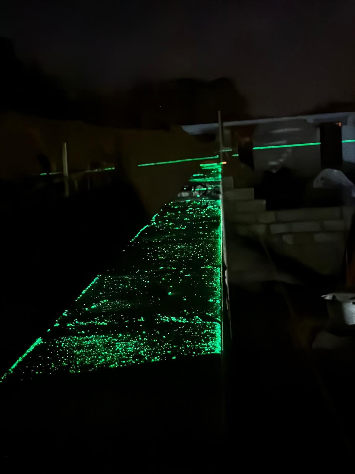 Nocne murowanie ściany z użyciem lasera, widoczne zielone linie wyznaczające poziom. Świeżo nałożona zaprawa murarska. Praca w toku.