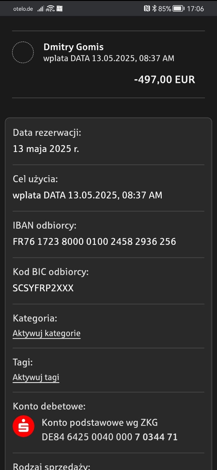 Potwierdzenie płatności w EUR na dane Dmitry Gomis, z datą rezerwacji 13 maja 2025. Widoczny IBAN i BIC odbiorcy oraz dane konta debetowego.